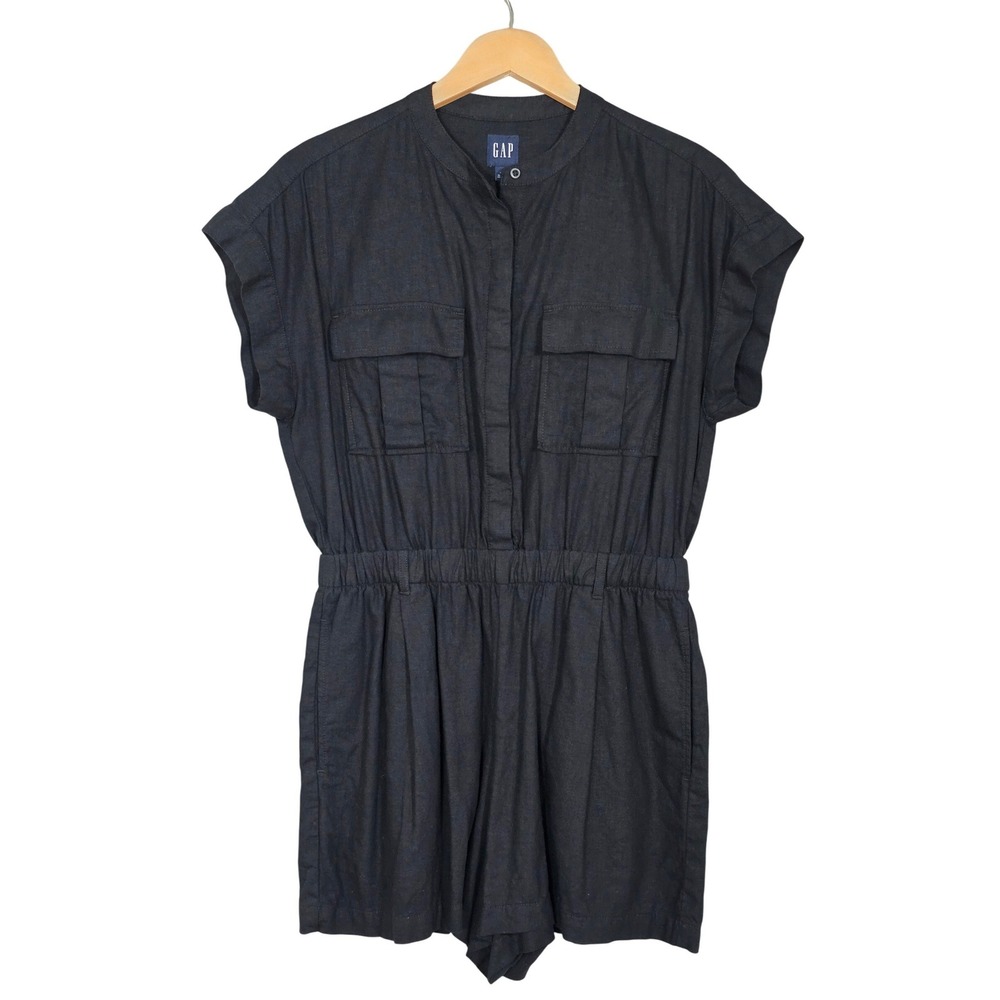 Gap Women's Black Linen Blend Short Sleeve SS Utility Romper Small